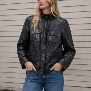 Danier Leather Jacket Black with Pocket Details, Genuine leather